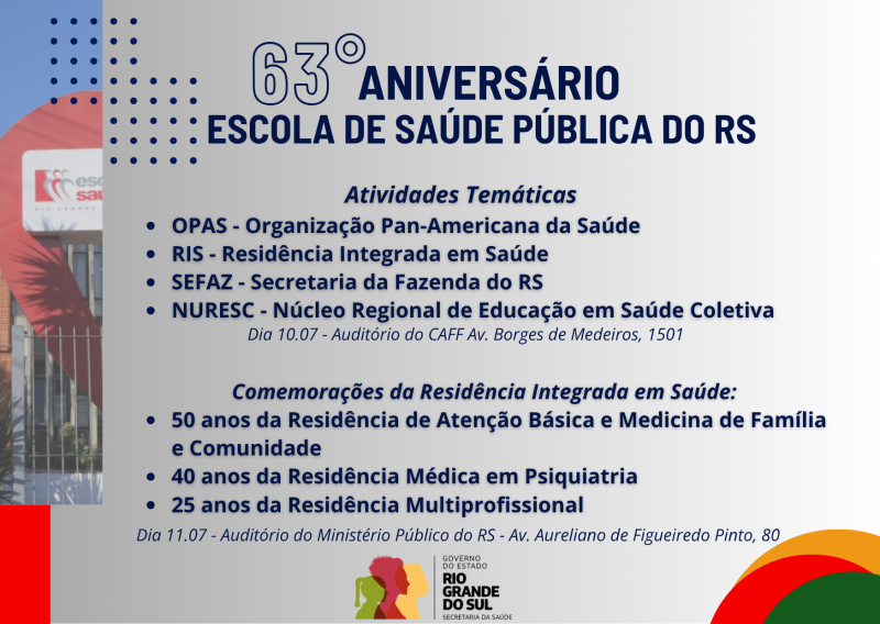 Comemorações do 63° aniversário da Escola de Saúde Pública do RS, os 50 anos do Programa de Residência de Atenção Básica e Medicina de Família e Comunidade, 40 anos da Residência Médica em Psiquiatria e os 25 anos de Residência Multiprofissional em Saúde.